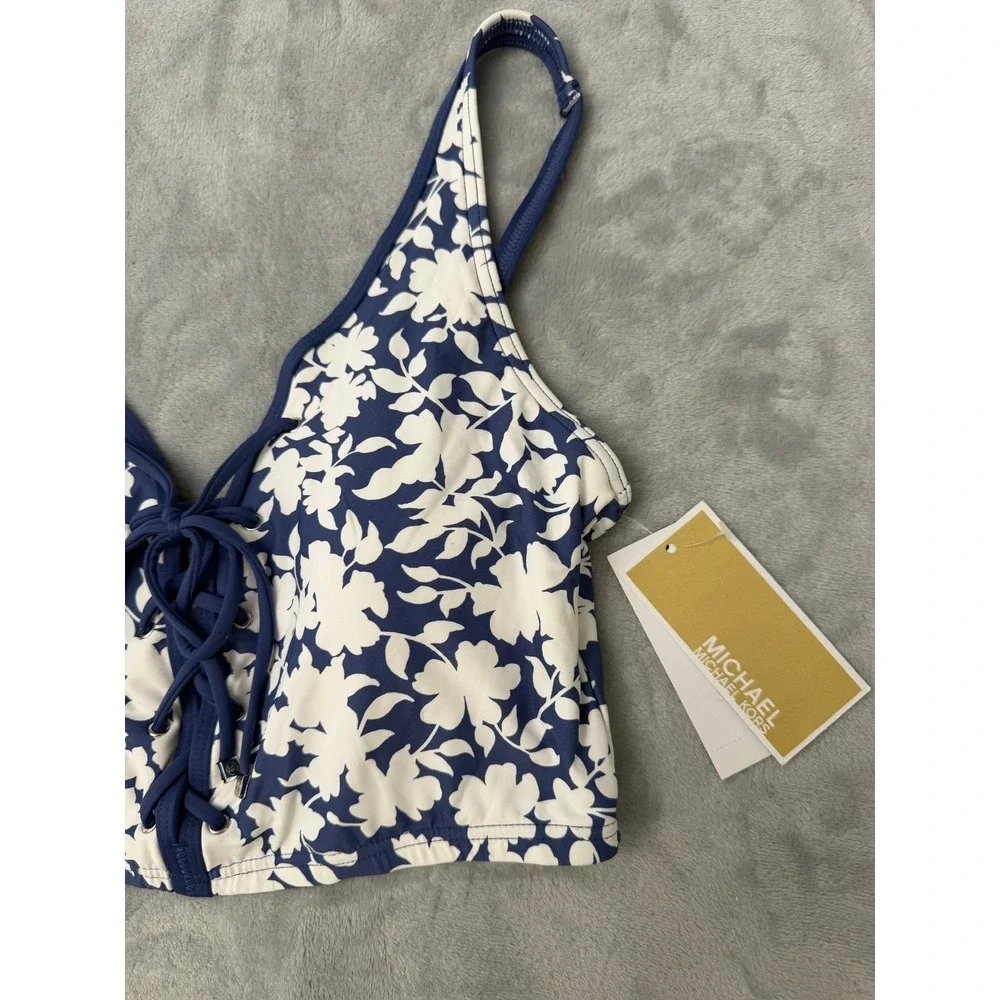 Michael Kors X2712 Printed Lace-up V-Neck Bikini Top - Chambry Size S $102 NEW